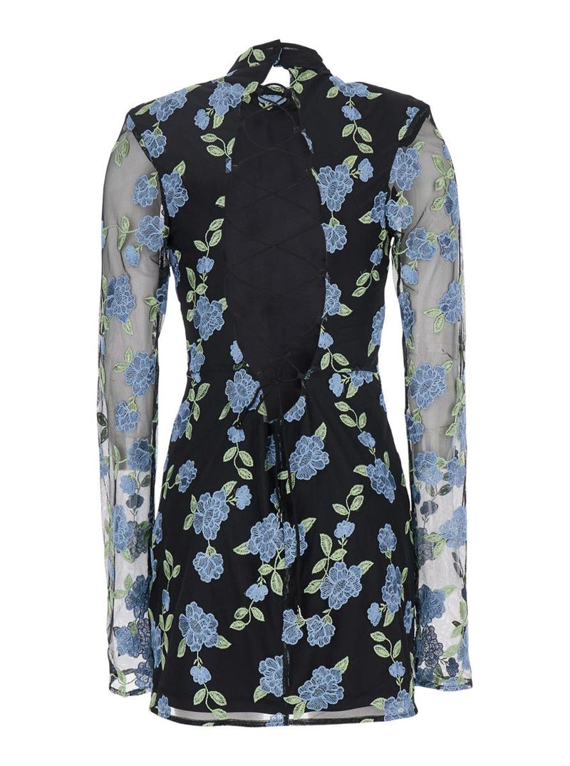 Black High Neck Mini Dress With Semi Sheer Sleeves And All-Over Floral Motif In Tech Fabric Woman