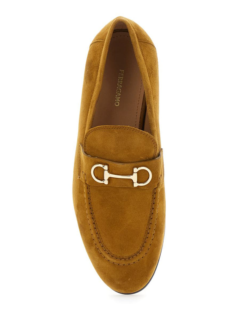 Brown Loafers With Almond Toe And Gancini Detail On The Front In Suede Woman