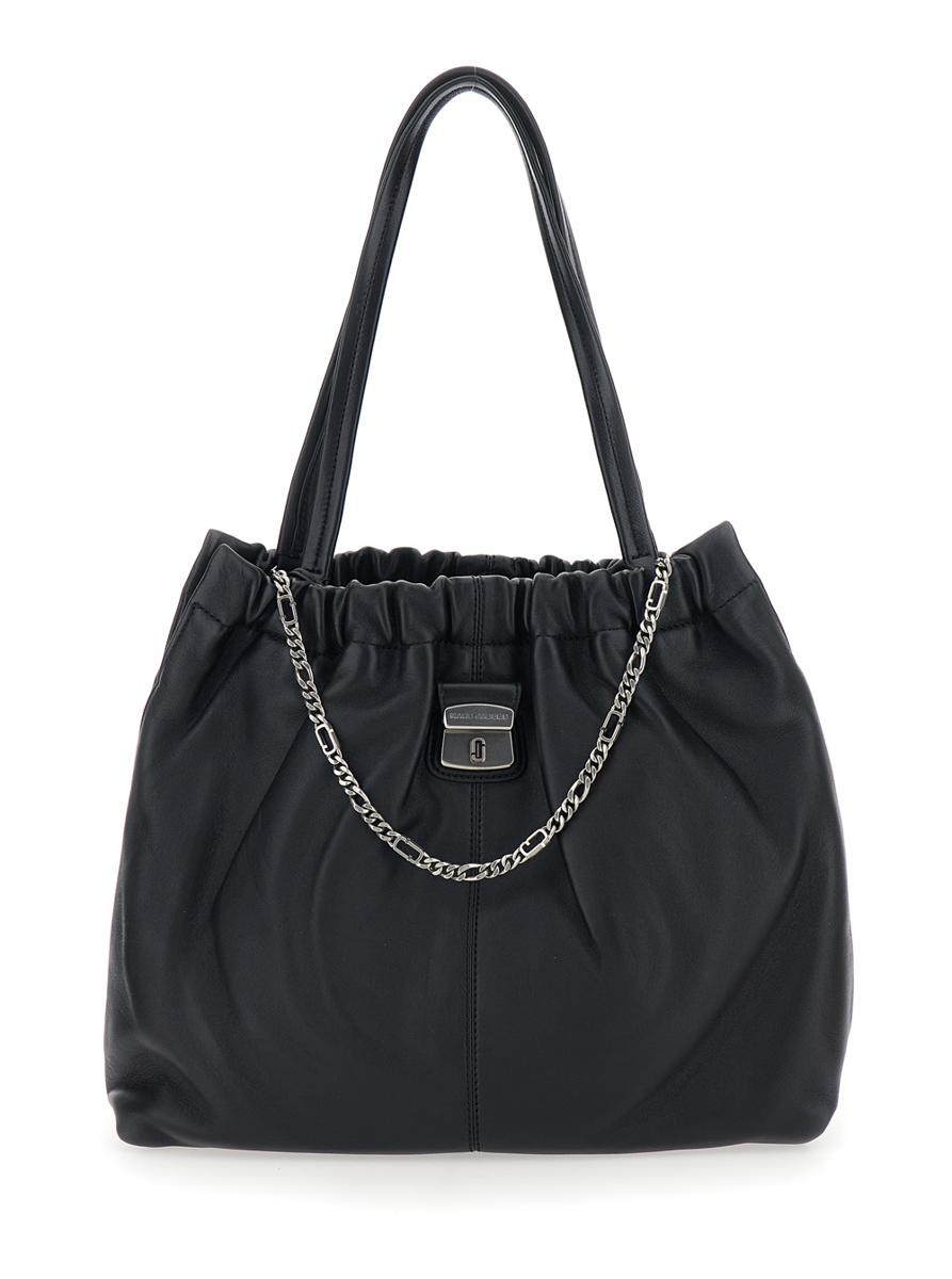 'The Tote' Black Shoulder Bag With Chain Detail On The Front And Drawstring Closure In Leather Woman