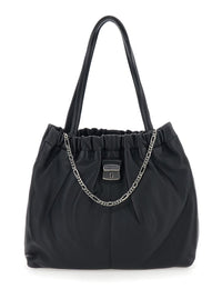 'The Tote' Black Shoulder Bag With Chain Detail On The Front And Drawstring Closure In Leather Woman