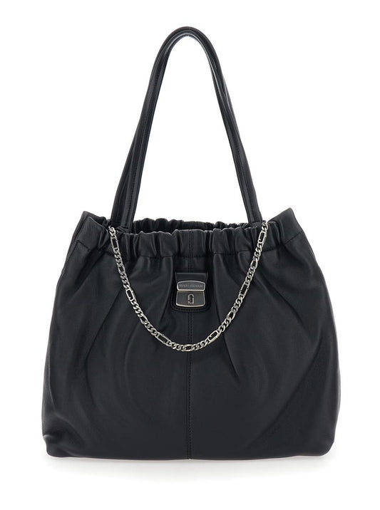 'The Tote' Black Shoulder Bag With Chain Detail On The Front And Drawstring Closure In Leather Woman