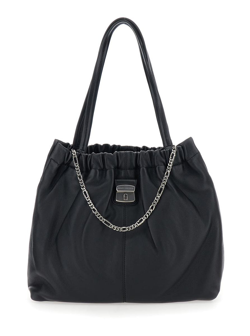 'The Tote' Black Shoulder Bag With Chain Detail On The Front And Drawstring Closure In Leather Woman