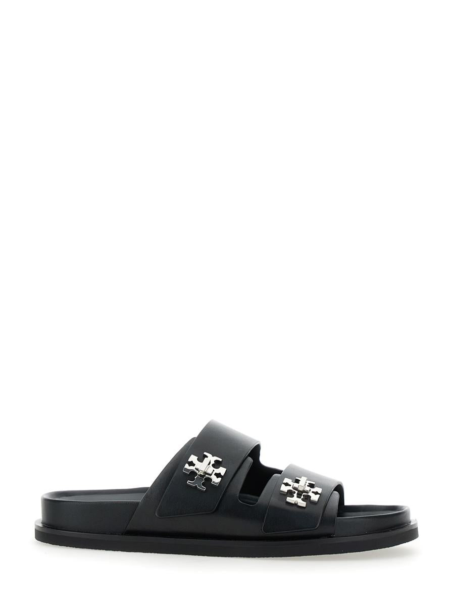 'Turnlock' Black Sandals With Double Strap And Logo Plaque In Leather Woman