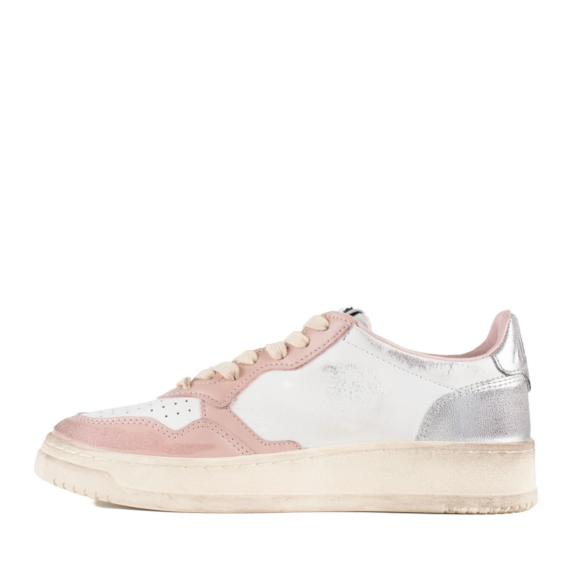 Autry Medalist Low Super Vintage Powder Pink White Leather And Silver Sneakers
