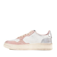 Autry Medalist Low Super Vintage Powder Pink White Leather And Silver Sneakers