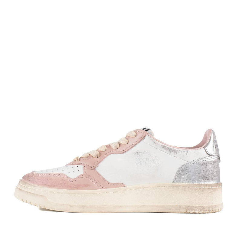 Autry Medalist Low Super Vintage Powder Pink White Leather And Silver Sneakers