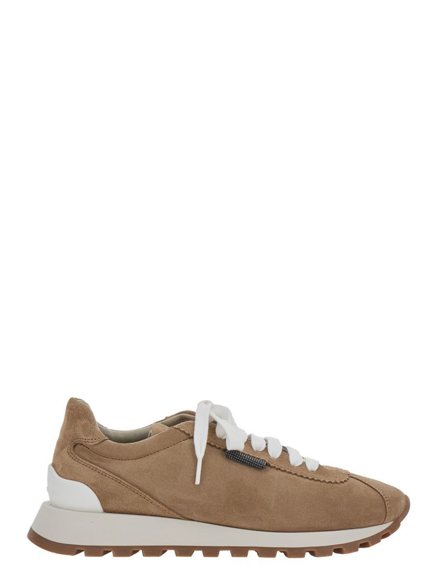 Beige Low Top Sneakers With Monil Detail On The Side And Logo Lettering On The Tongue In Suede Woman