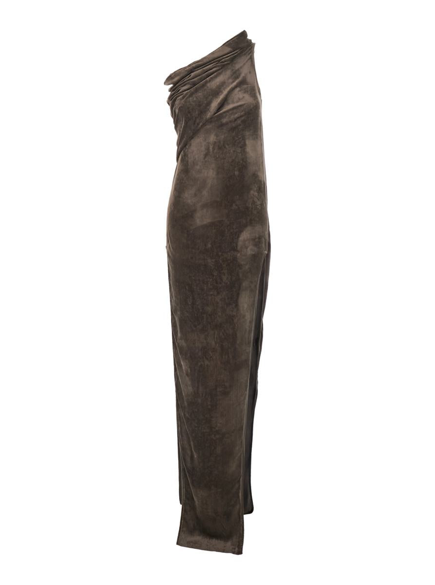'Athena Arrowhead' Brown Asymmetric Long Dress With Ruched Neckline And Side Single Slit In Viscose Blend Woman