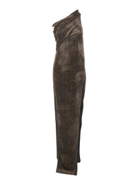 'Athena Arrowhead' Brown Asymmetric Long Dress With Ruched Neckline And Side Single Slit In Viscose Blend Woman