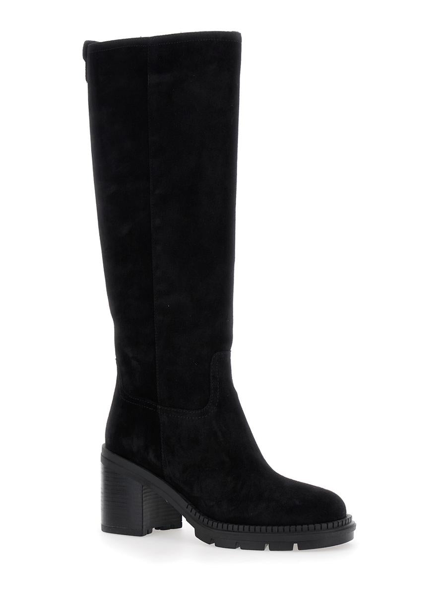 Black Boots With Zip Closure On The Side And Logo Embroidery On The Rear In Suede Woman