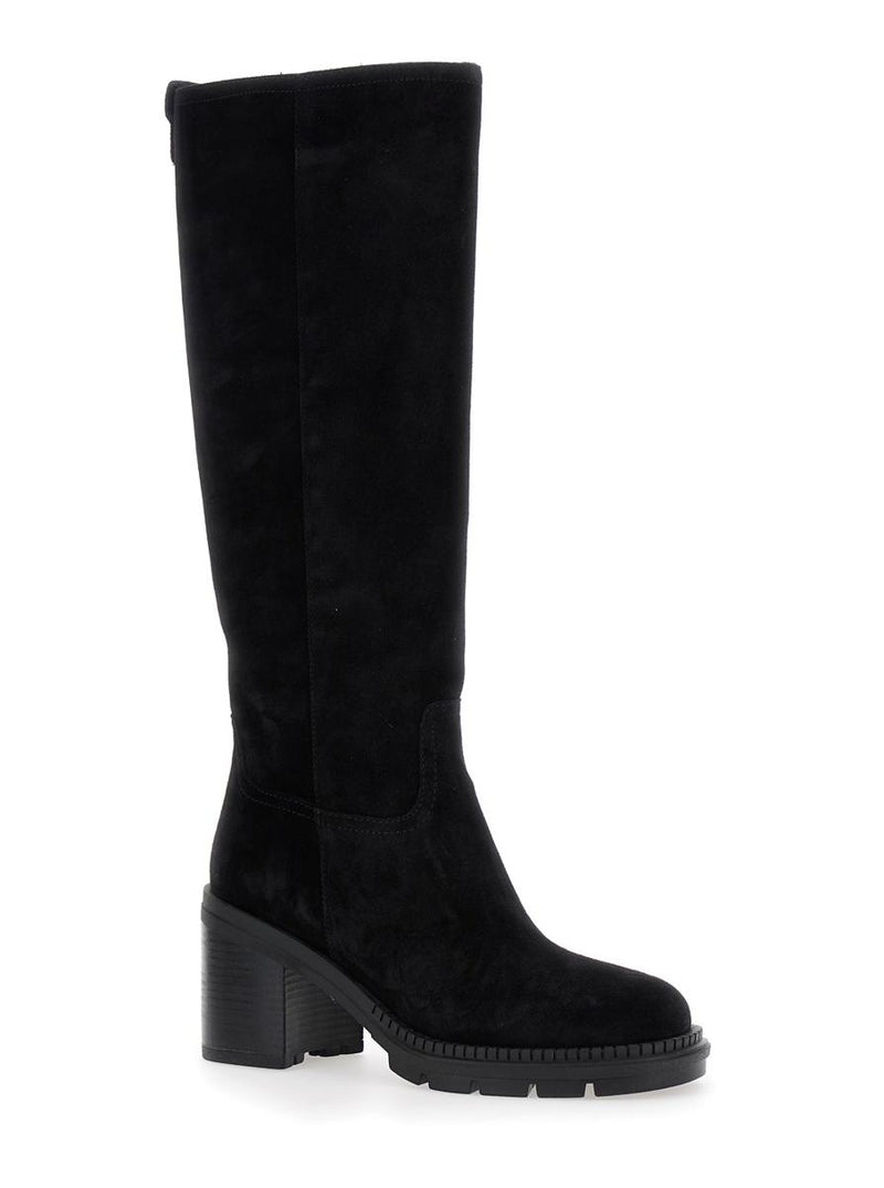 Black Boots With Zip Closure On The Side And Logo Embroidery On The Rear In Suede Woman