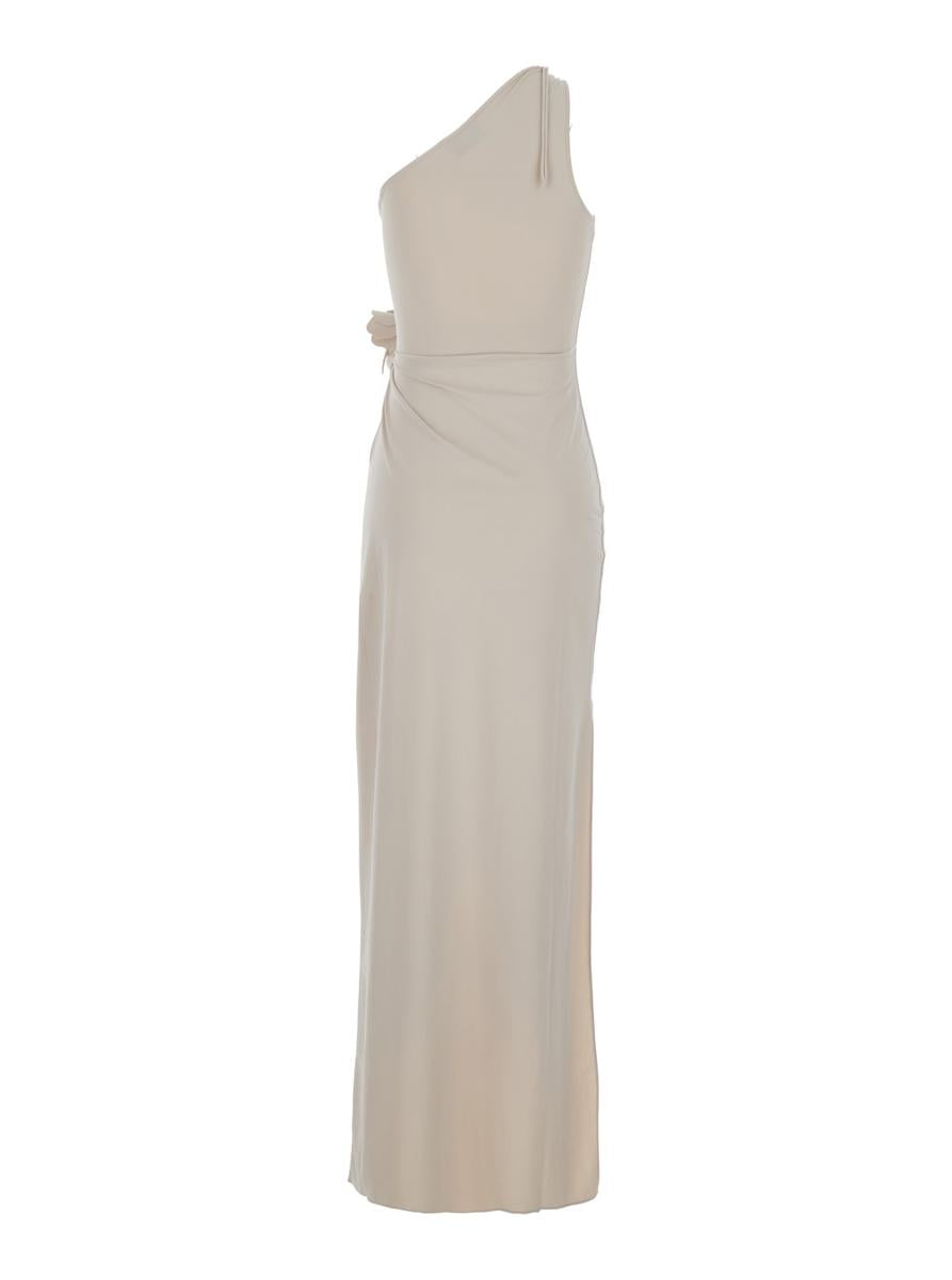 Beige Asymmetric One-Shoulder Dress With Flower Detail And Single Side Slit In Tech Fabric Woman