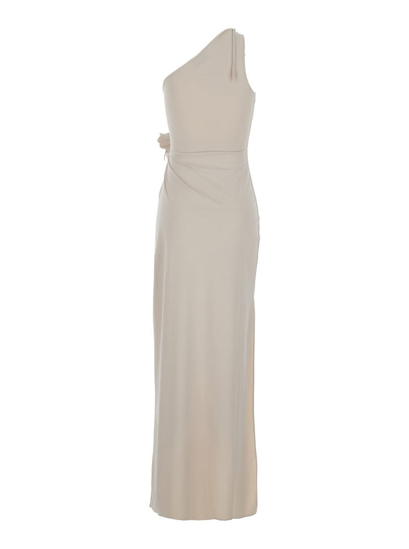 Beige Asymmetric One-Shoulder Dress With Flower Detail And Single Side Slit In Tech Fabric Woman