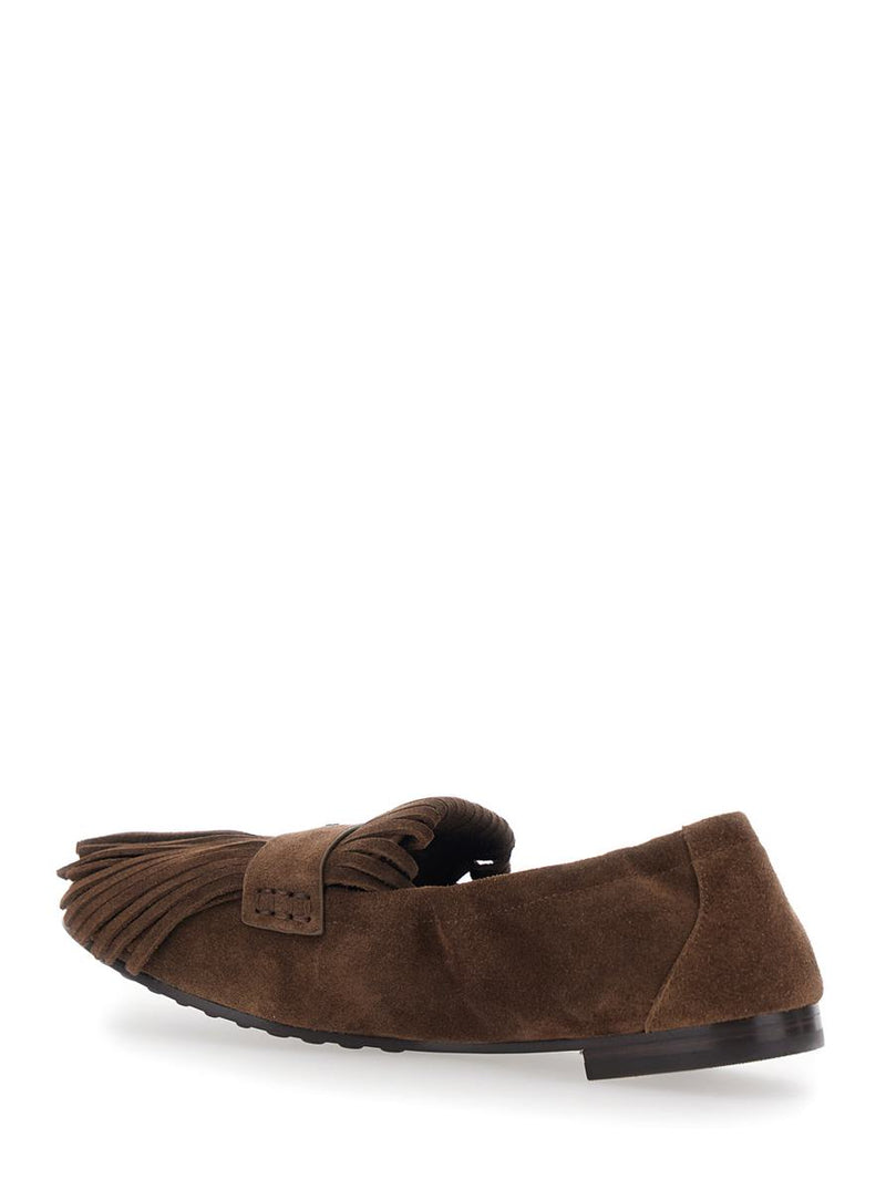 Brown Loafers With Fringe And Metallic Logo In Suede Woman