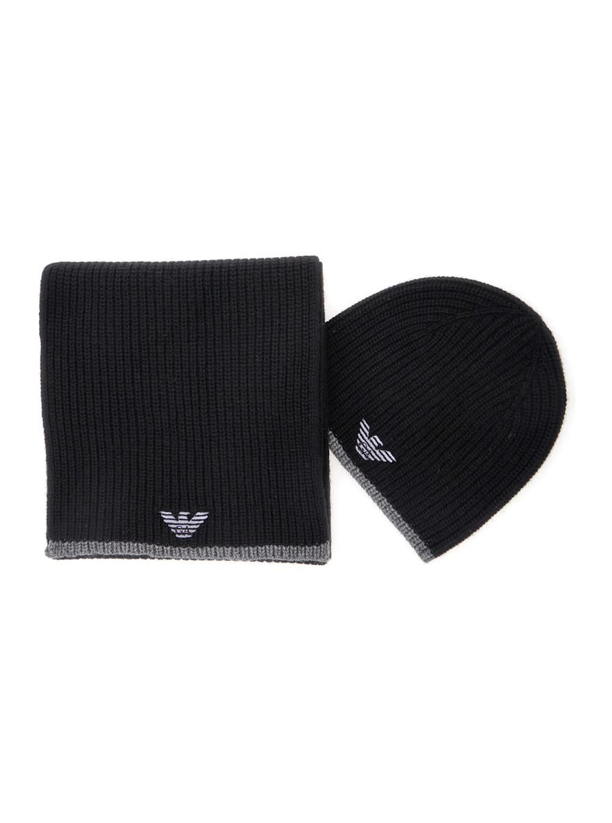 Black Scarf And Beanie Set With Logo Embroidery In Wool Blend Man