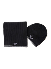 Black Scarf And Beanie Set With Logo Embroidery In Wool Blend Man