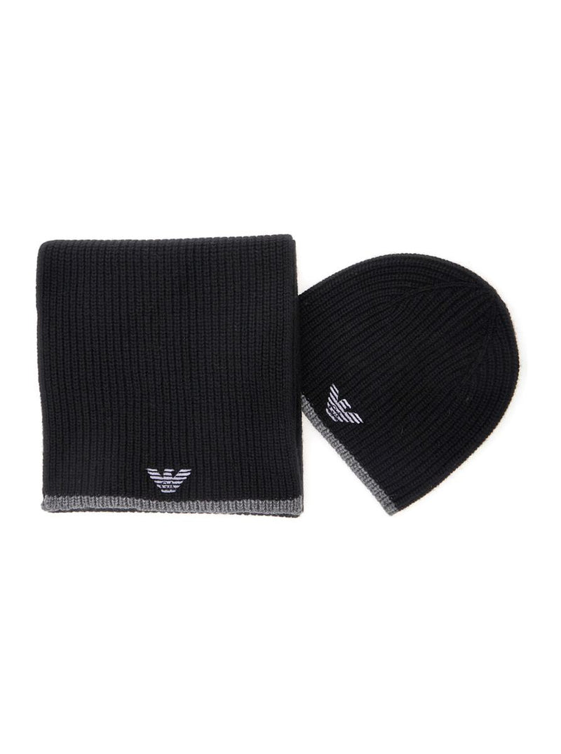 Black Scarf And Beanie Set With Logo Embroidery In Wool Blend Man