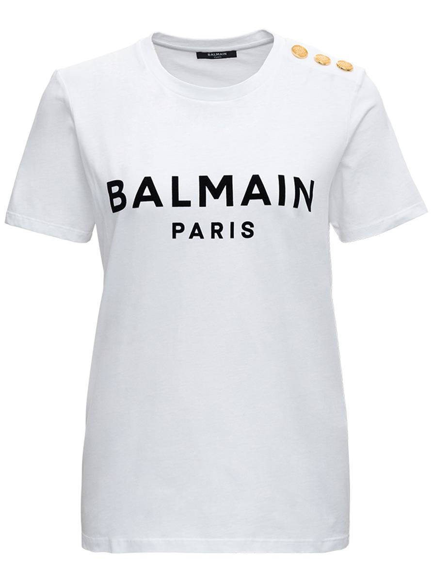 White Crewneck T-Shirt With Logo Print And Golden Buttons In Jersey Woman