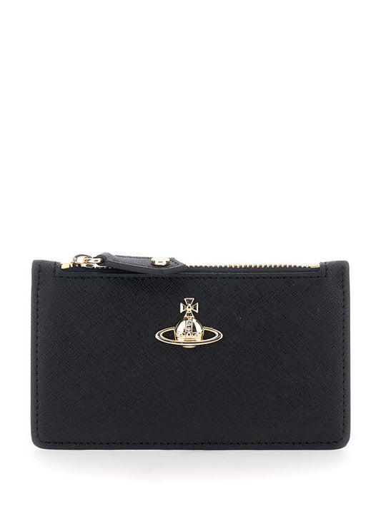 Black Wallet With Orb Detail On The Front And Top Zip Closure In Ecoleather Woman