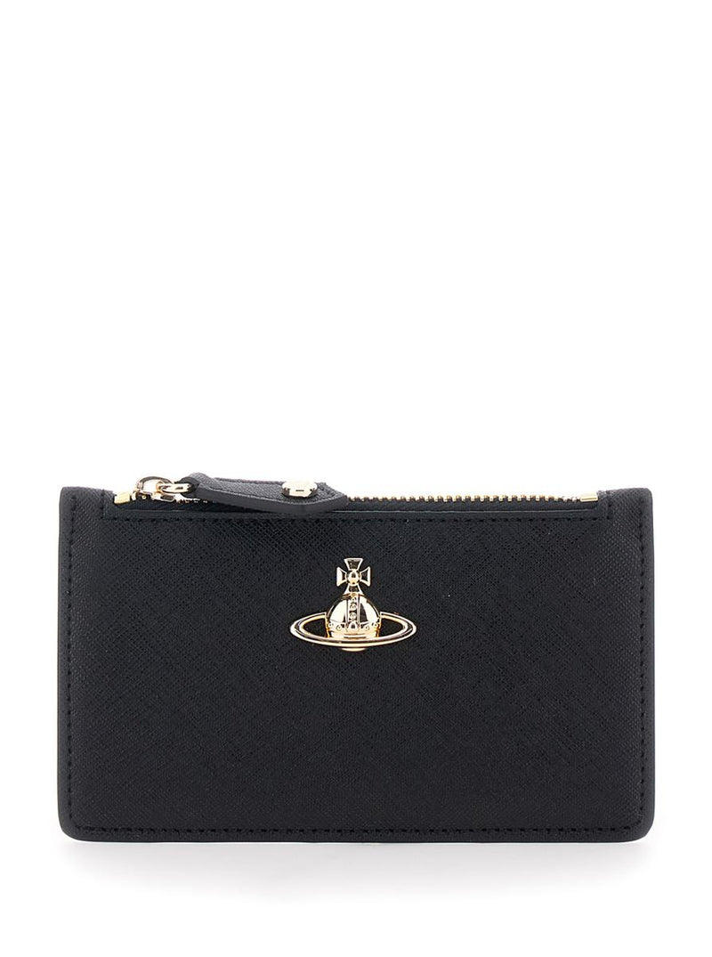 Black Wallet With Orb Detail On The Front And Top Zip Closure In Ecoleather Woman