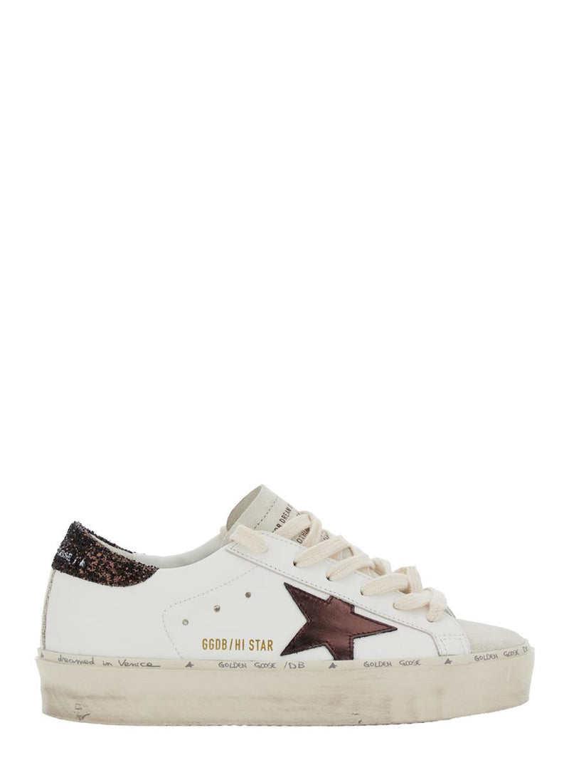 'Hi Star' White Low Top Sneakers With Glitter Star Patch And Platform In Leather Woman
