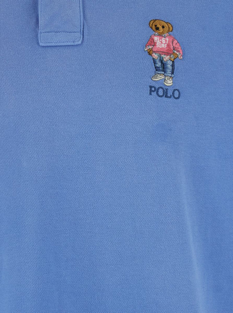 "Custom Slim Fit" Blue Polo Shirt With Classic Collar And Polo Bear Embroidery On The Front In Cotton Man