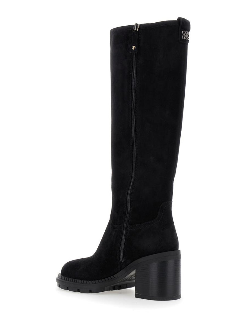 Black Boots With Zip Closure On The Side And Logo Embroidery On The Rear In Suede Woman