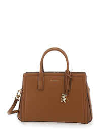 Brown Handbag With Metallic Lettering Logo And Pendant On The Front In Leather Woman