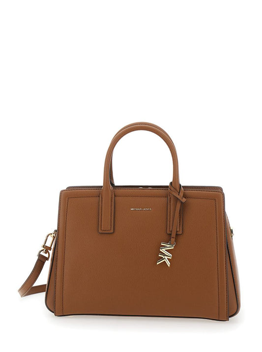 Brown Handbag With Metallic Lettering Logo And Pendant On The Front In Leather Woman