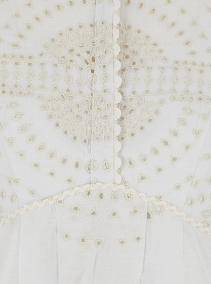 'Asahi' White Dress With All-Over Embroidery Design And Pleated Skirt In Cotton And Linen Blend Woman