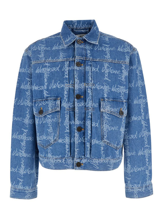 'Marlene' Blue Jacket With All-Over Printed Lettering Logo In Denim Man