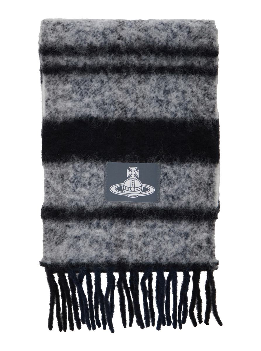 Grey Scarf With Orb Patch On The Front And All-Over Striped Motif In Wool Unisex
