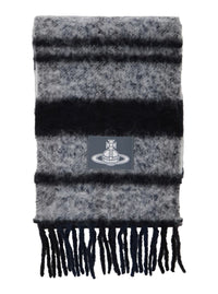 Grey Scarf With Orb Patch On The Front And All-Over Striped Motif In Wool Unisex