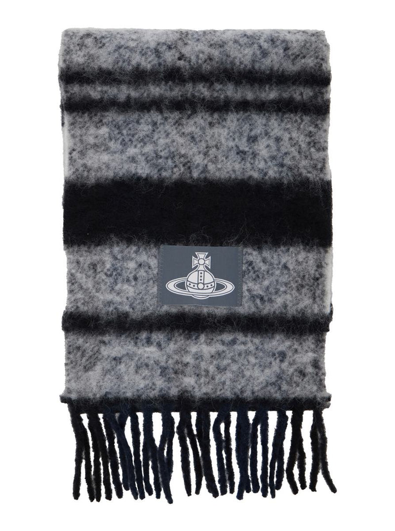 Grey Scarf With Orb Patch On The Front And All-Over Striped Motif In Wool Unisex
