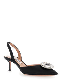 'Crystal Hoop' Black Slingback Pumps With Rhinestoned Embellishment And Kitten Heel In Tech Fabric Woman