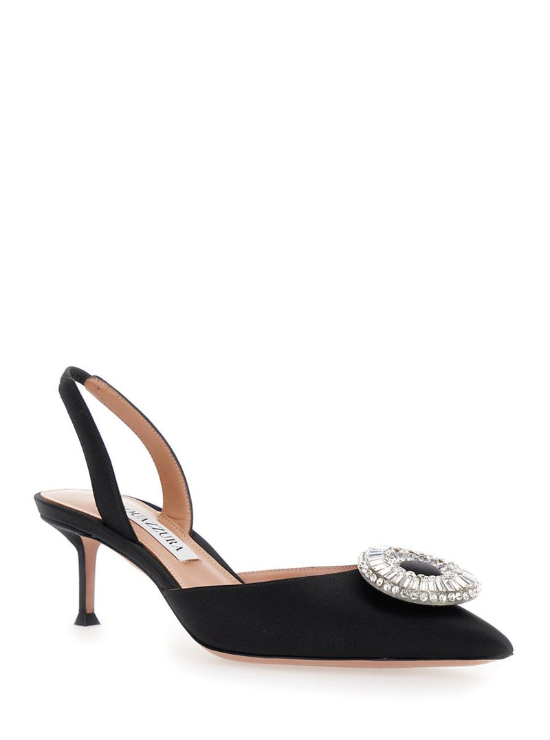 'Crystal Hoop' Black Slingback Pumps With Rhinestoned Embellishment And Kitten Heel In Tech Fabric Woman
