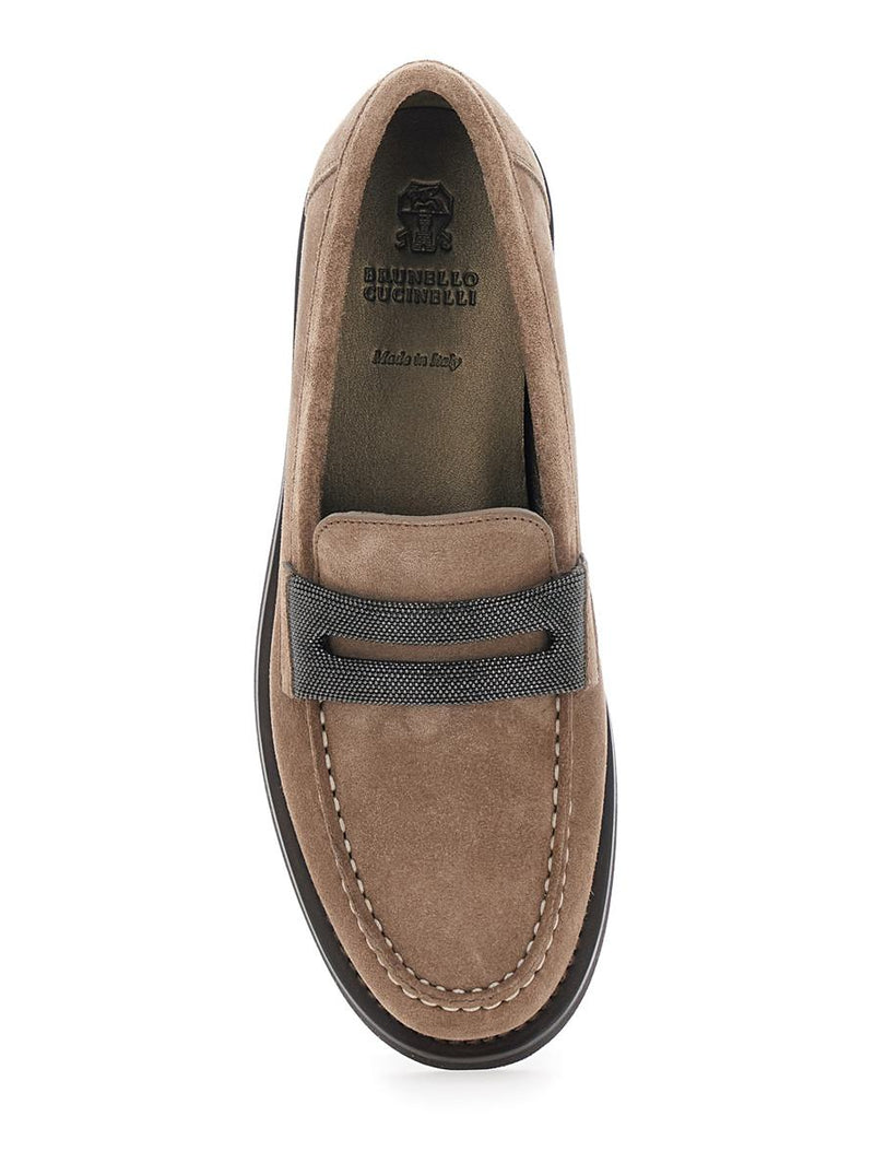 Brown Loafers With Almond Toe And Monil Detail In Suede Woman