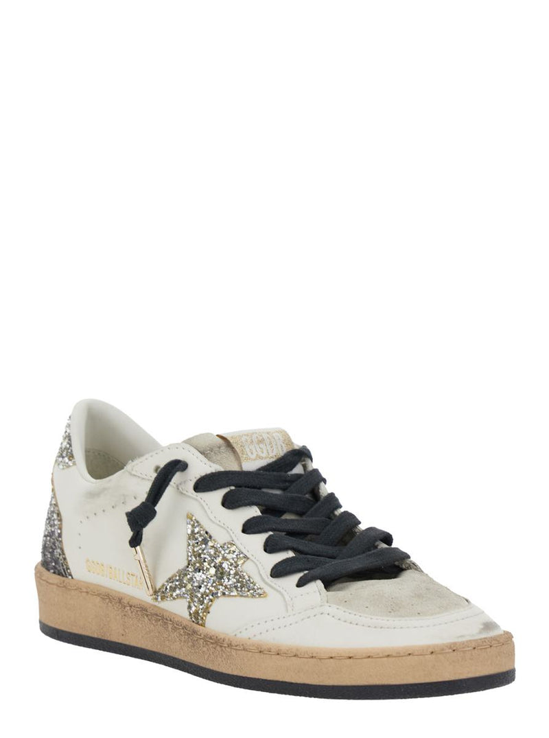 'Ballstar' White Low Top Sneakers With Glittered Star Patch On The Side And Glittered Heel With Logo Lettering In Leather Woman
