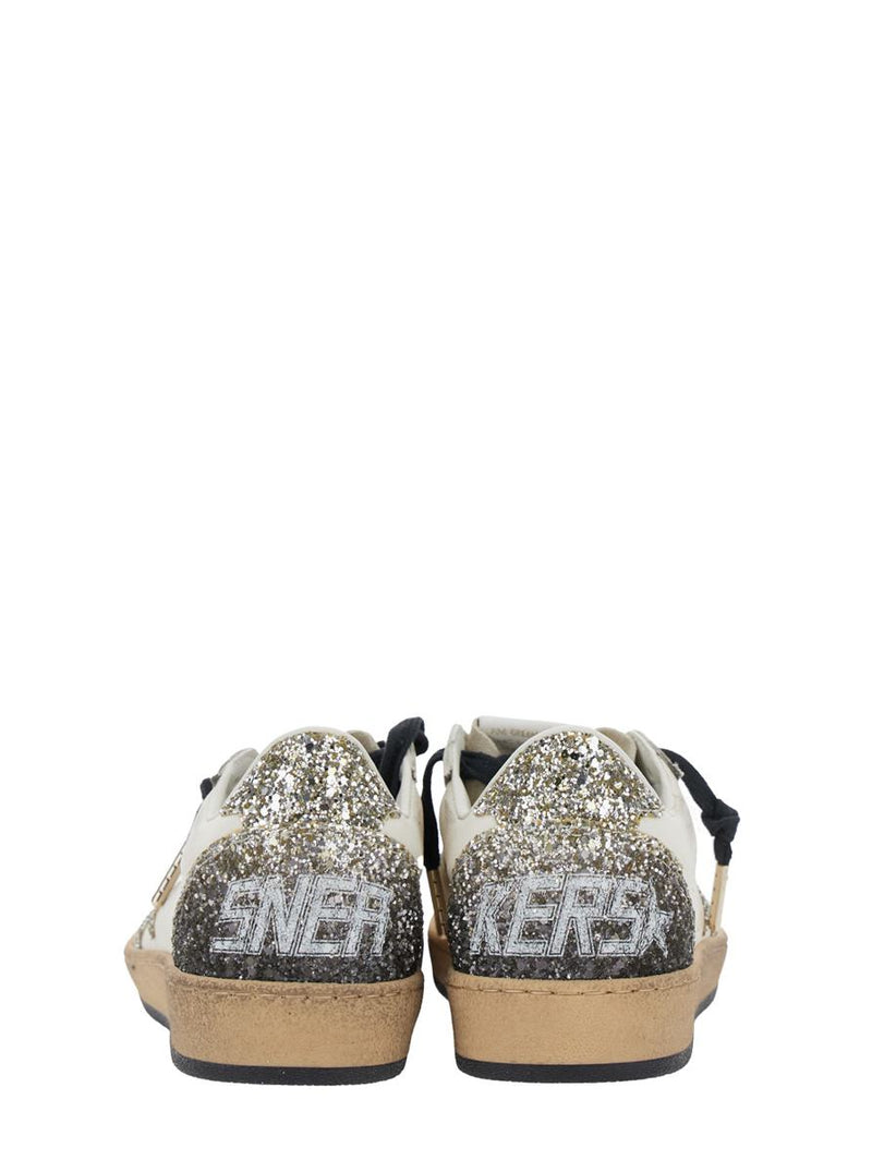 'Ballstar' White Low Top Sneakers With Glittered Star Patch On The Side And Glittered Heel With Logo Lettering In Leather Woman