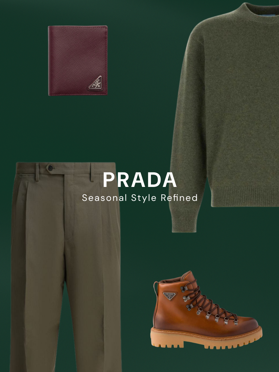 Prada seasonal campaign on green background featuring burgundy leather wallet, olive-green wool sweater, olive tailored trousers, and brown leather lace-up boots with lug sole and Prada logo.