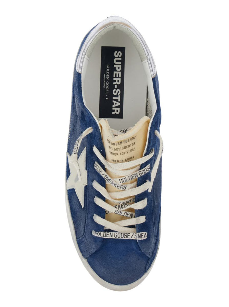 'Super-Star' Blue Low Top Sneakers With Embossed Logo And Contrasting Heel In Suede Man