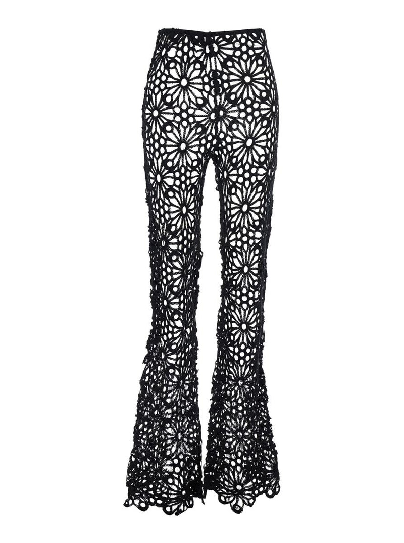 'Boot Pant' Black Pants With Lace Embroidery Knit And Wide Leg In Tech Fabric Stretch Woman