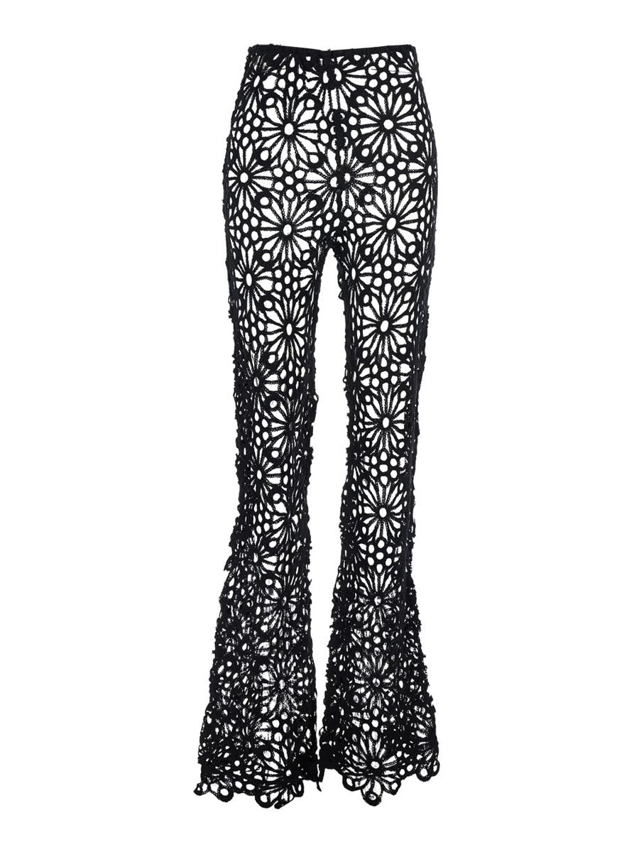 'Boot Pant' Black Pants With Lace Embroidery Knit And Wide Leg In Tech Fabric Stretch Woman