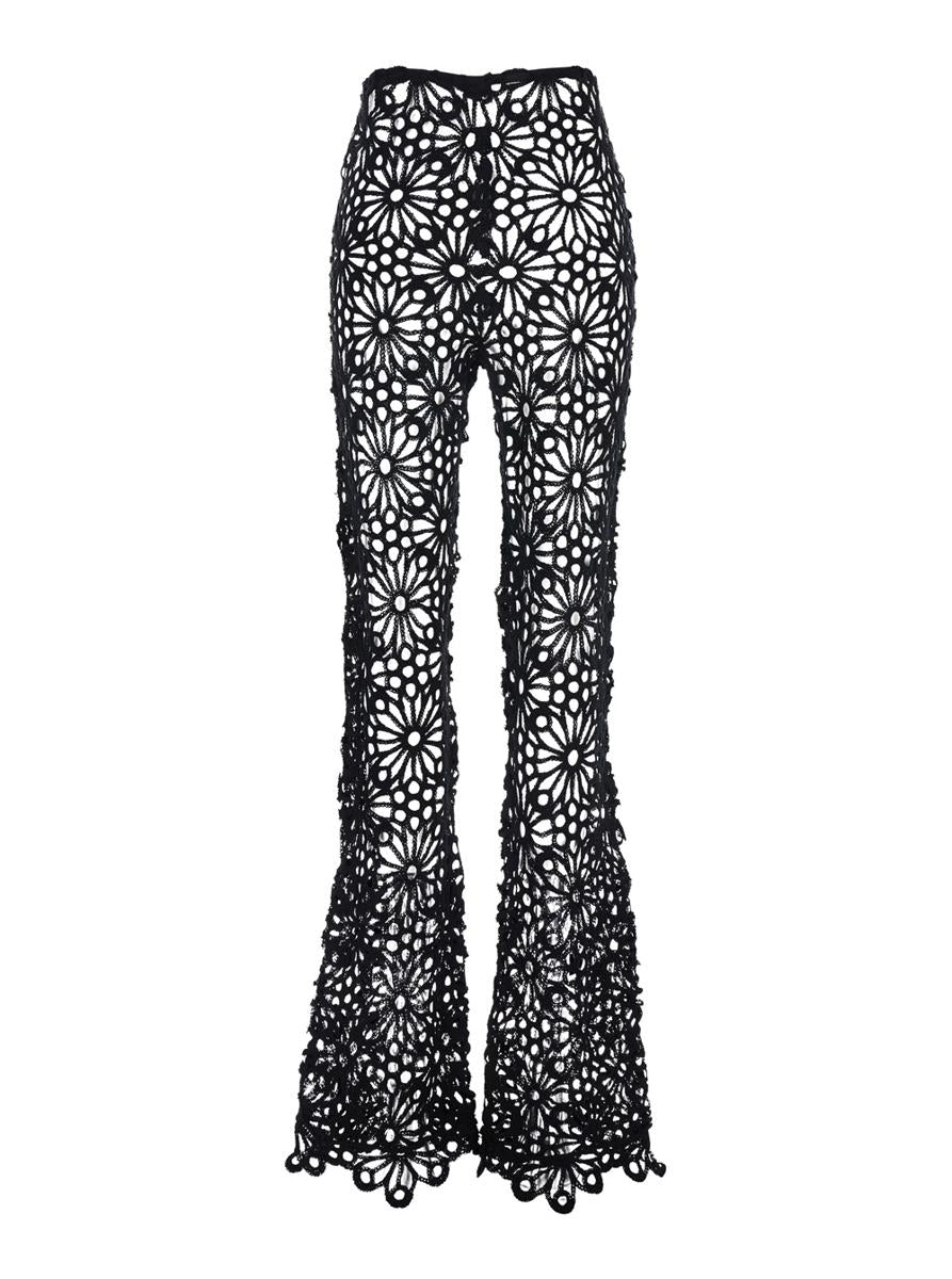'Boot Pant' Black Pants With Lace Embroidery Knit And Wide Leg In Tech Fabric Stretch Woman