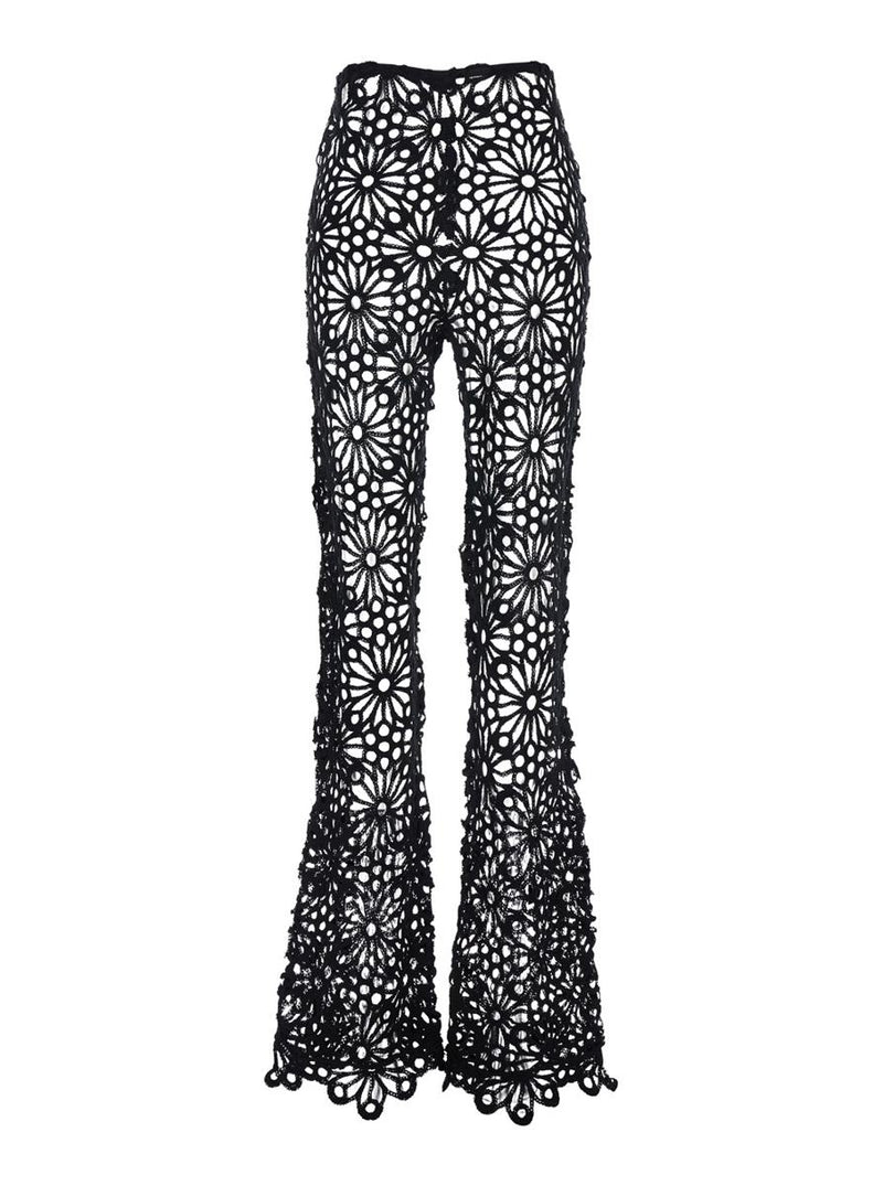 'Boot Pant' Black Pants With Lace Embroidery Knit And Wide Leg In Tech Fabric Stretch Woman