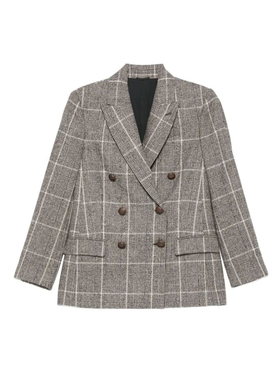 Brunello Cucinelli Alpaca And Wool Prince Of Wales Double-Breasted Blazer With Monili Clothing