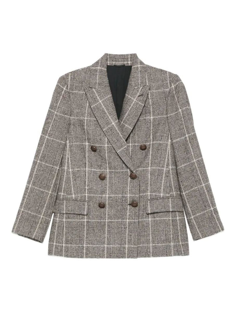 Brunello Cucinelli Alpaca And Wool Prince Of Wales Double-Breasted Blazer With Monili Clothing