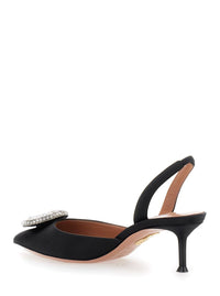 'Crystal Hoop' Black Slingback Pumps With Rhinestoned Embellishment And Kitten Heel In Tech Fabric Woman