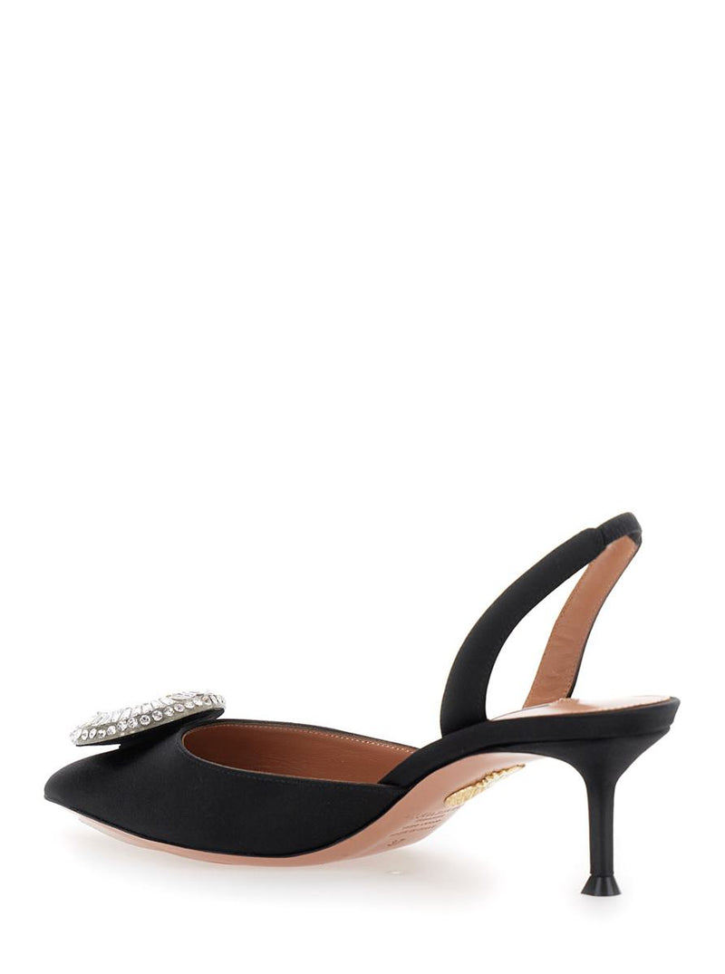 'Crystal Hoop' Black Slingback Pumps With Rhinestoned Embellishment And Kitten Heel In Tech Fabric Woman