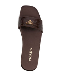 Prada Triangle-Logo Embossed-Crocodile Slides